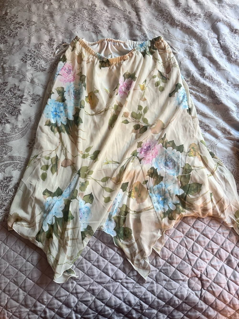 Floral Handkerchief Hem Skirt - Cream with Pastel Florals